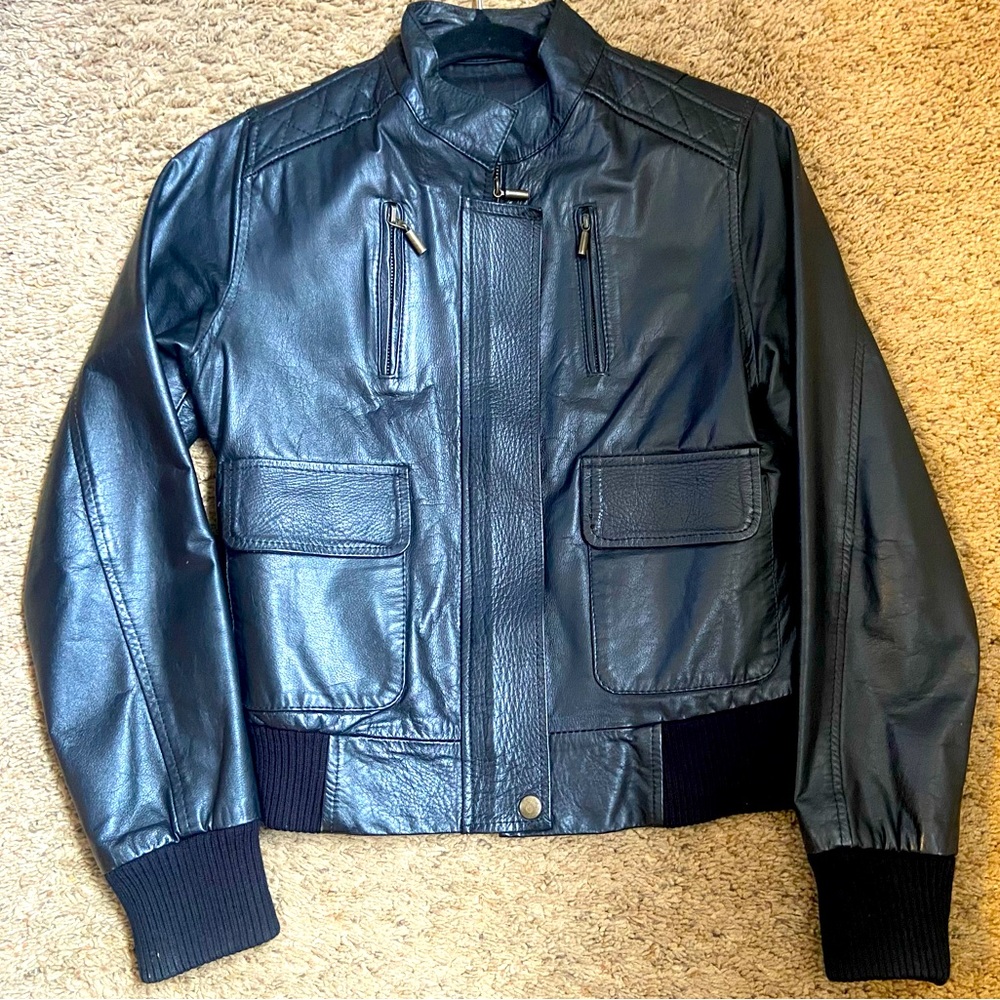 Sleek Black Genuine Leather Bomber Jacket - Size S, Made in Colombia